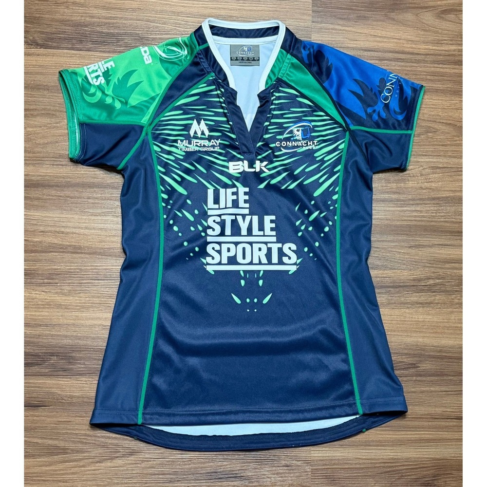 BLK Connacht European 14/15 Rugby Season Jersey Womens Navy Green Shirt Sz 8